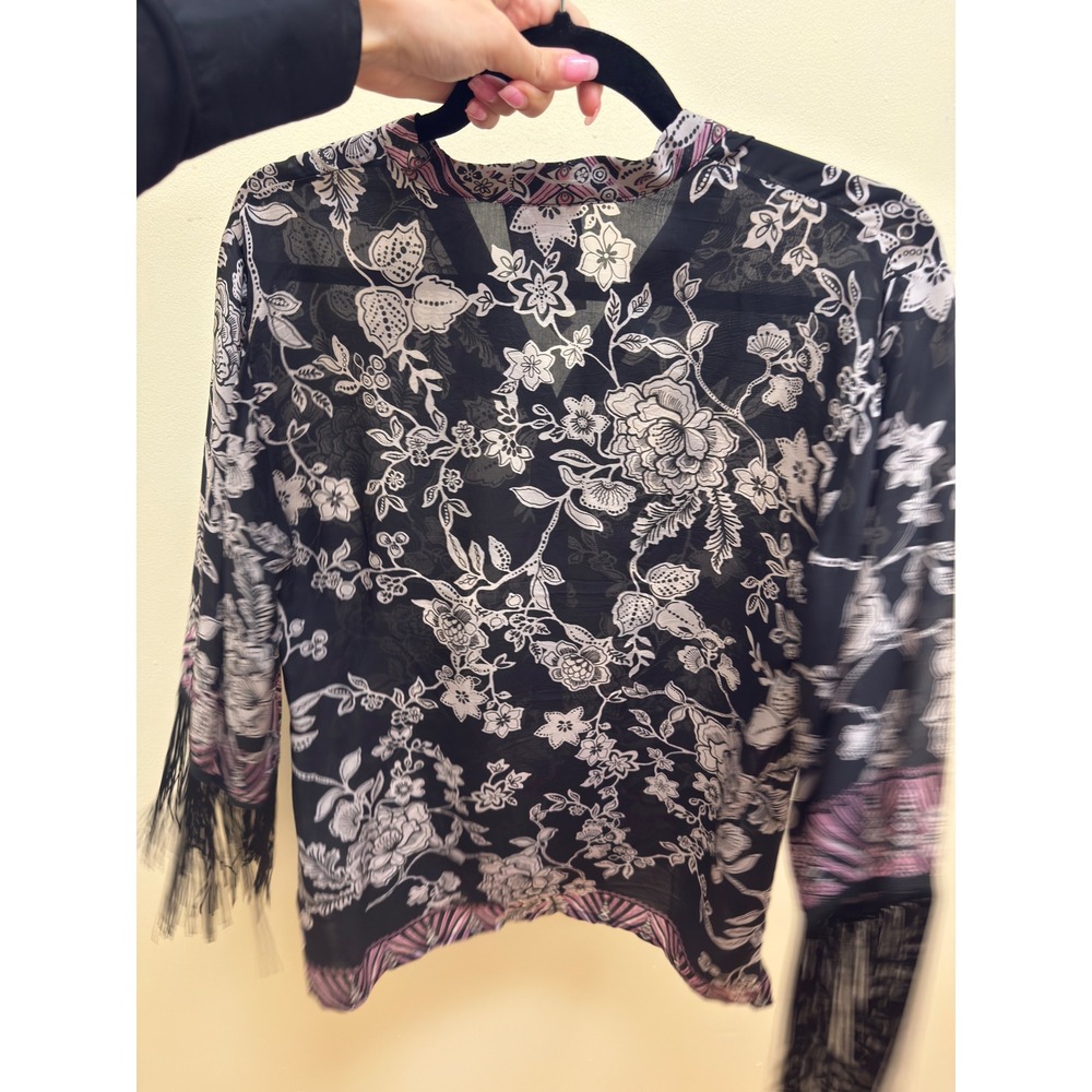 Johnny Was Edina Fringe Blouse Black Floral Silk Boho V-Neck Top XS W18423-E - Picture 5 of 6